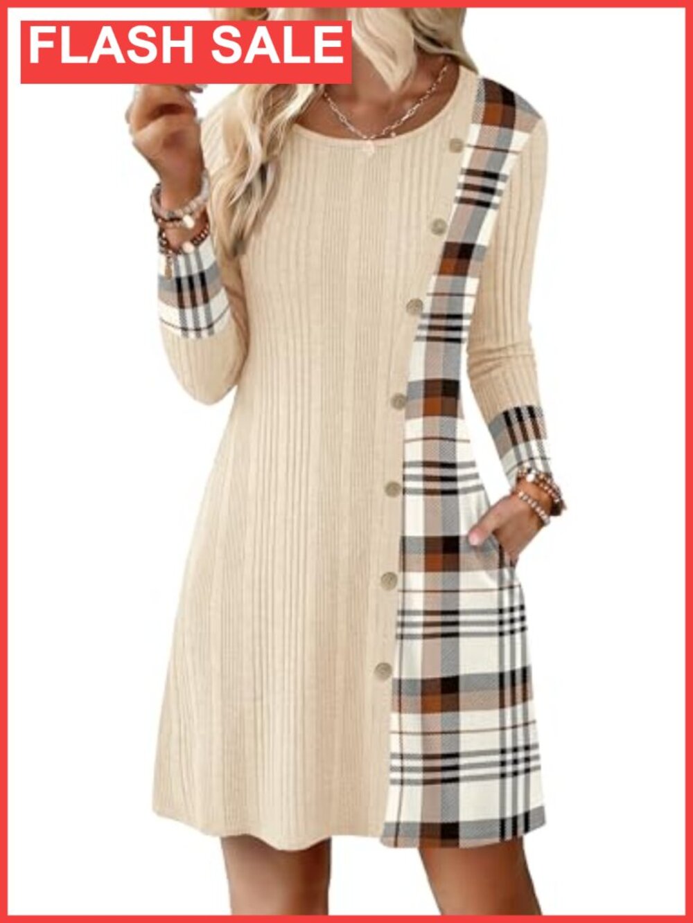 Womens Crew Neck Knit Sweater Dress with Pockets